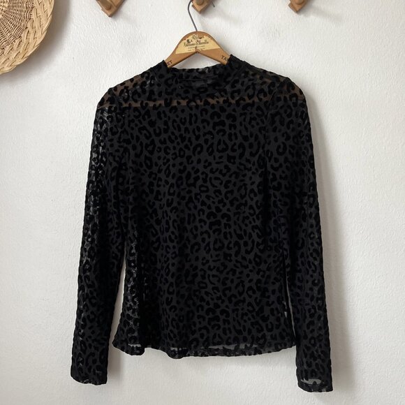 y2k black velour‎ sheer leopard print mesh long sleeve top goth witchy sexy S - Picture 1 of 5